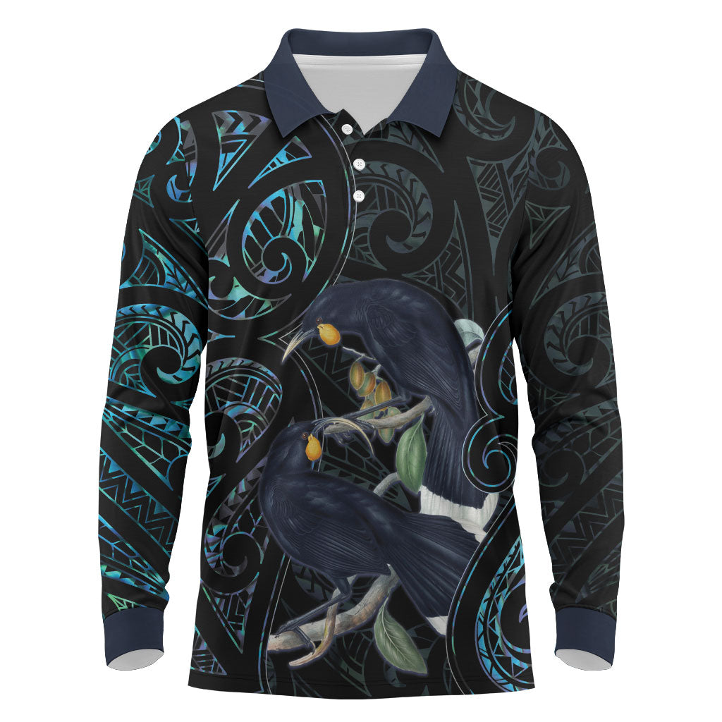 New Zealand Huia Bird Long Sleeve Polo Shirt Paua Shell Maori Pattern LT22 Black - Polynesian Pride