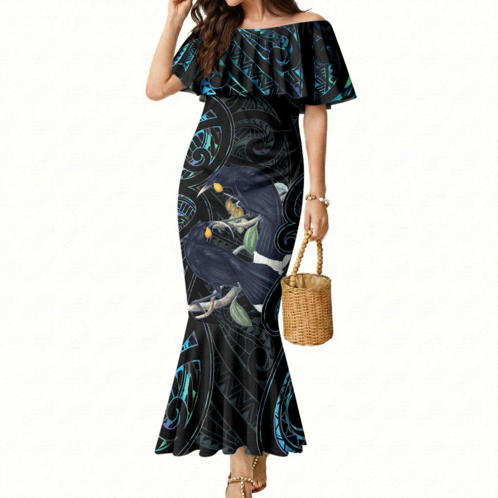 New Zealand Huia Bird Mermaid Dress Paua Shell Maori Pattern LT22 Women Black - Polynesian Pride