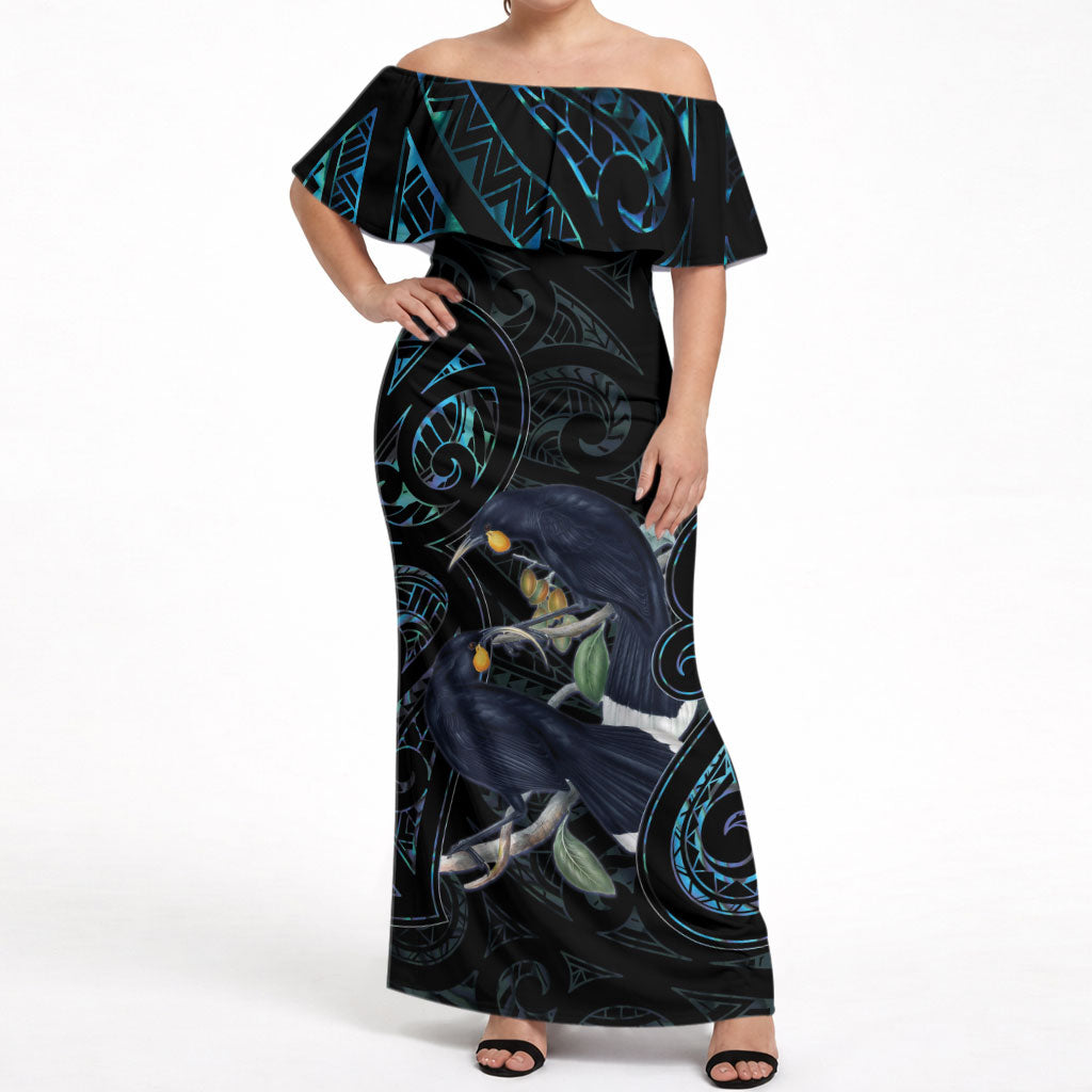New Zealand Huia Bird Off Shoulder Maxi Dress Paua Shell Maori Pattern LT22 Women Black - Polynesian Pride