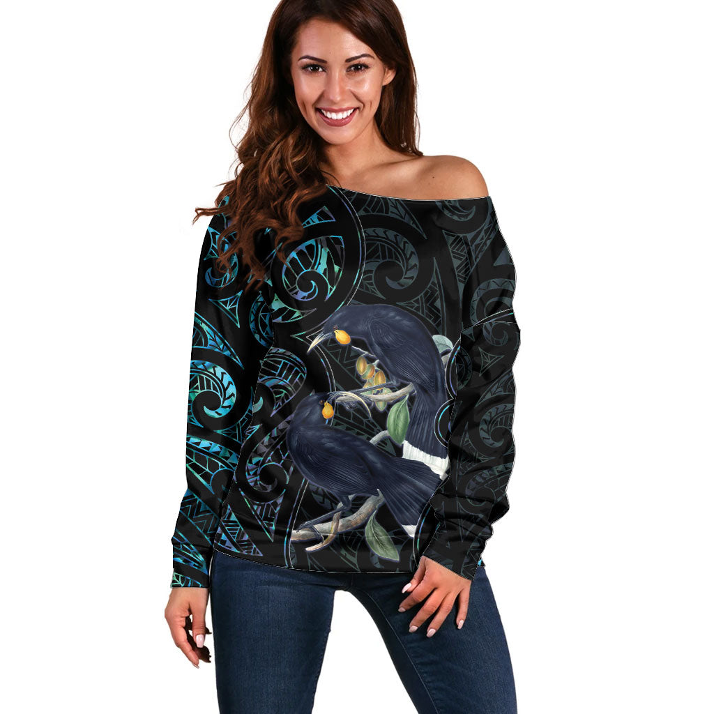 New Zealand Huia Bird Off Shoulder Sweater Paua Shell Maori Pattern LT22 Women Black - Polynesian Pride
