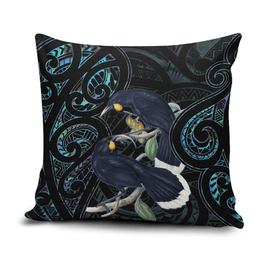 New Zealand Huia Bird Pillow Cover Paua Shell Maori Pattern LT22 Black - Polynesian Pride
