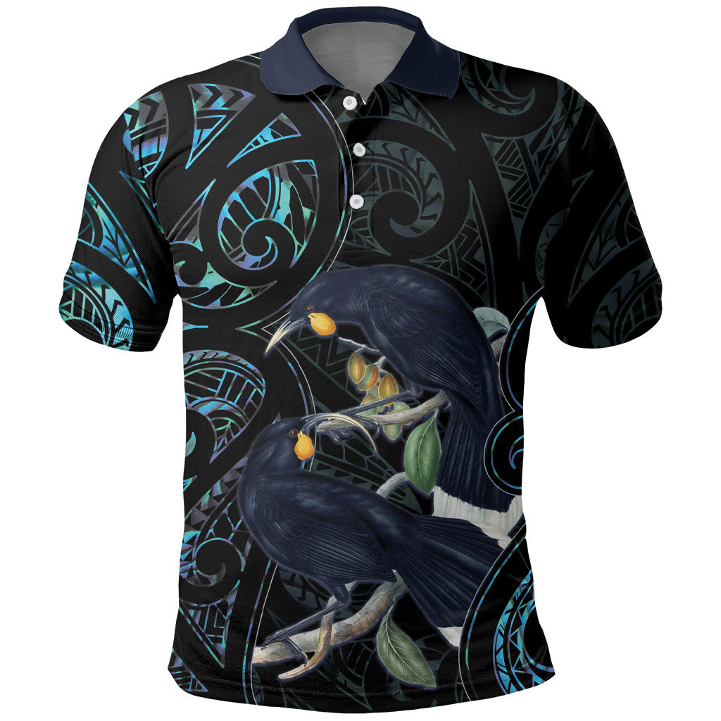 New Zealand Huia Bird Polo Shirt Paua Shell Maori Pattern LT22 Black - Polynesian Pride