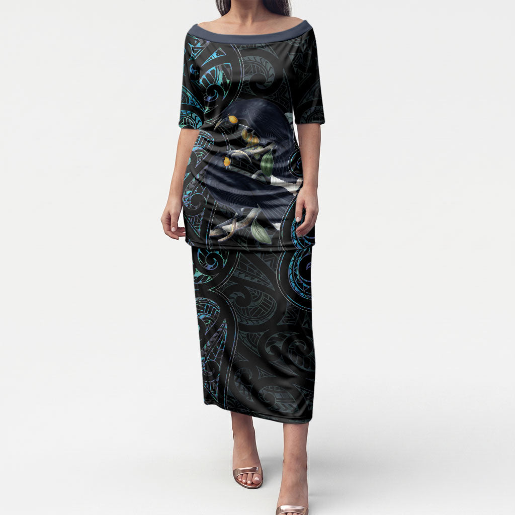 New Zealand Huia Bird Puletasi Paua Shell Maori Pattern LT22 Long Dress Black - Polynesian Pride