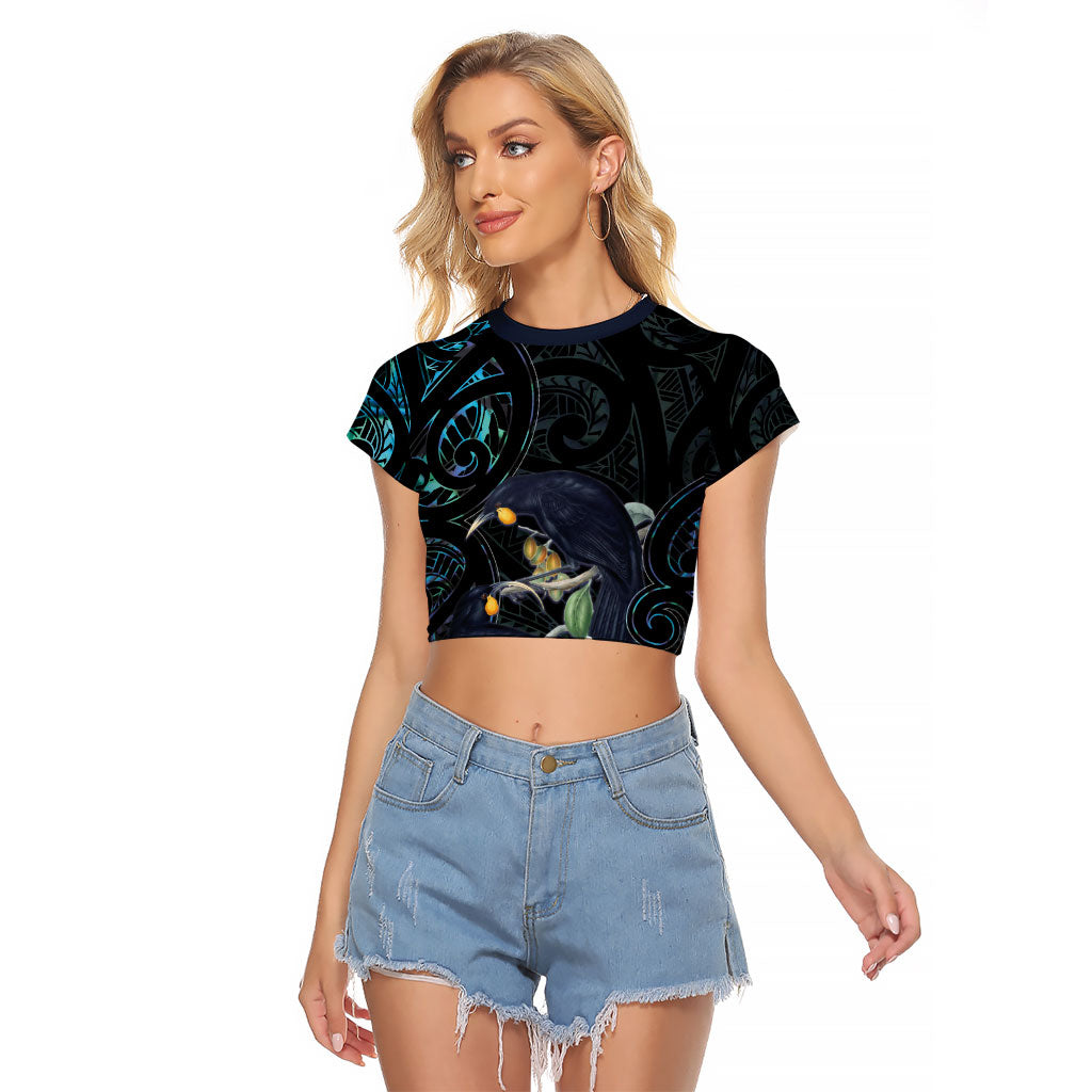 New Zealand Huia Bird Raglan Cropped T Shirt Paua Shell Maori Pattern LT22 Female Black - Polynesian Pride