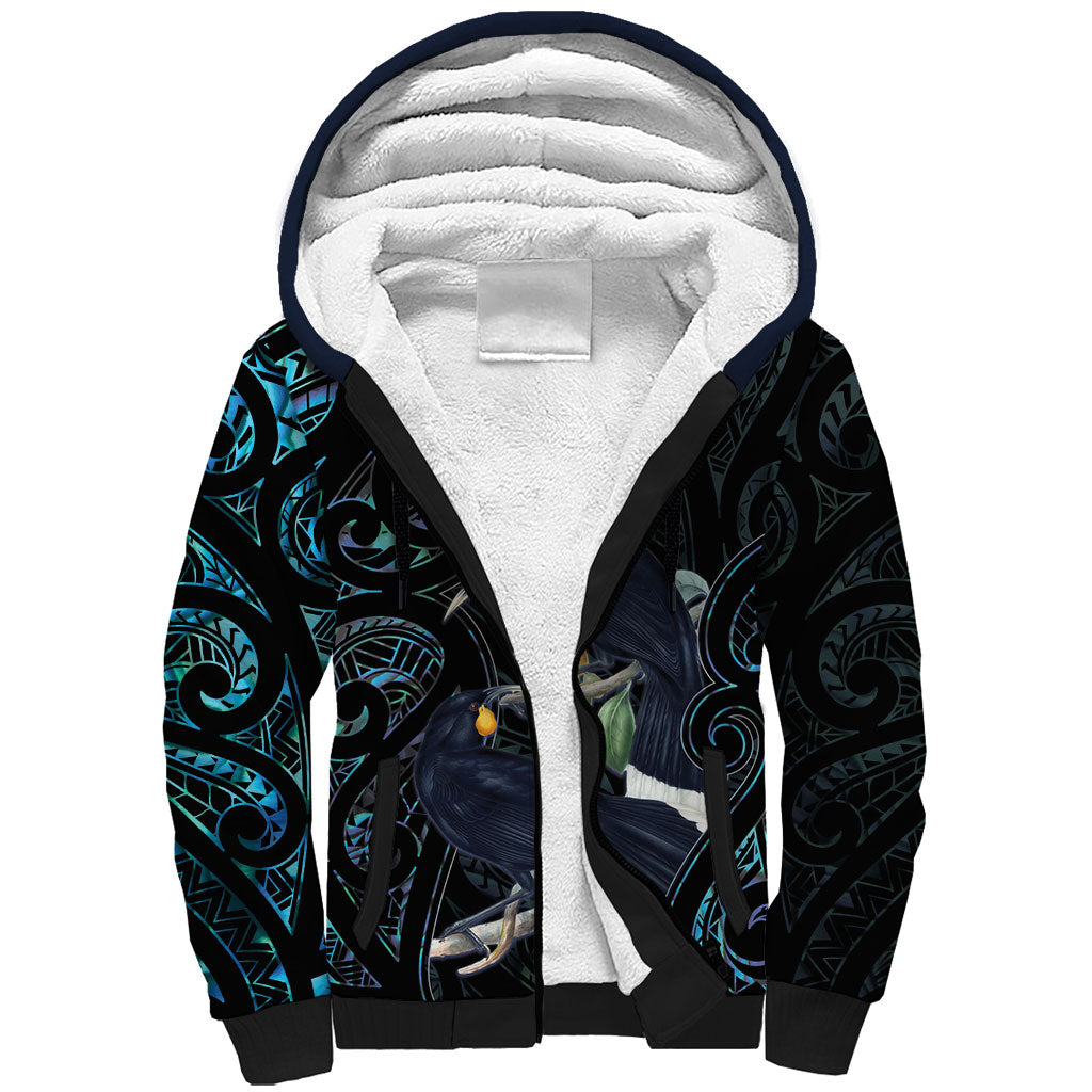 New Zealand Huia Bird Sherpa Hoodie Paua Shell Maori Pattern LT22 Unisex Black - Polynesian Pride