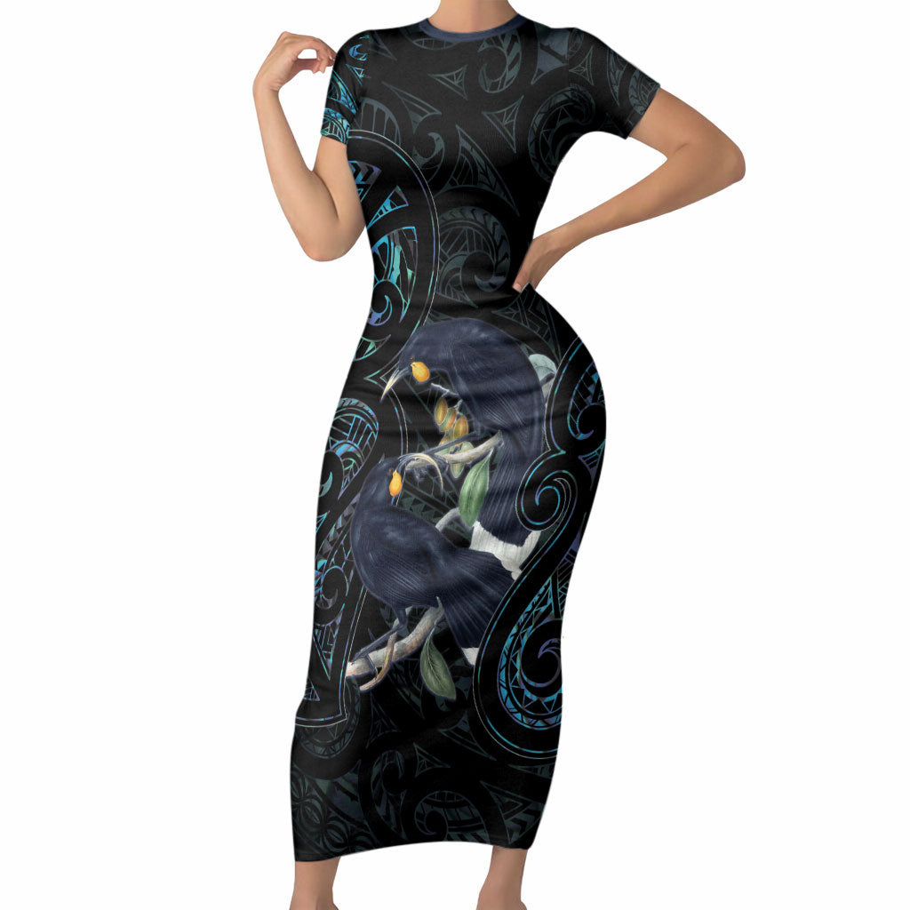 New Zealand Huia Bird Short Sleeve Bodycon Dress Paua Shell Maori Pattern LT22 Long Dress Black - Polynesian Pride