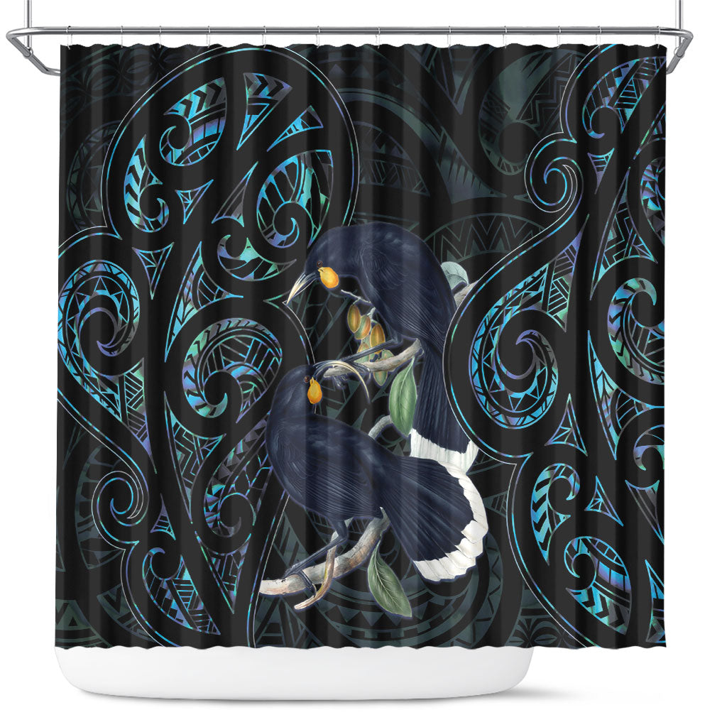New Zealand Huia Bird Shower Curtain Paua Shell Maori Pattern LT22 Black - Polynesian Pride