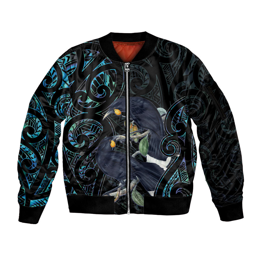 New Zealand Huia Bird Sleeve Zip Bomber Jacket Paua Shell Maori Pattern LT22 Unisex Black - Polynesian Pride