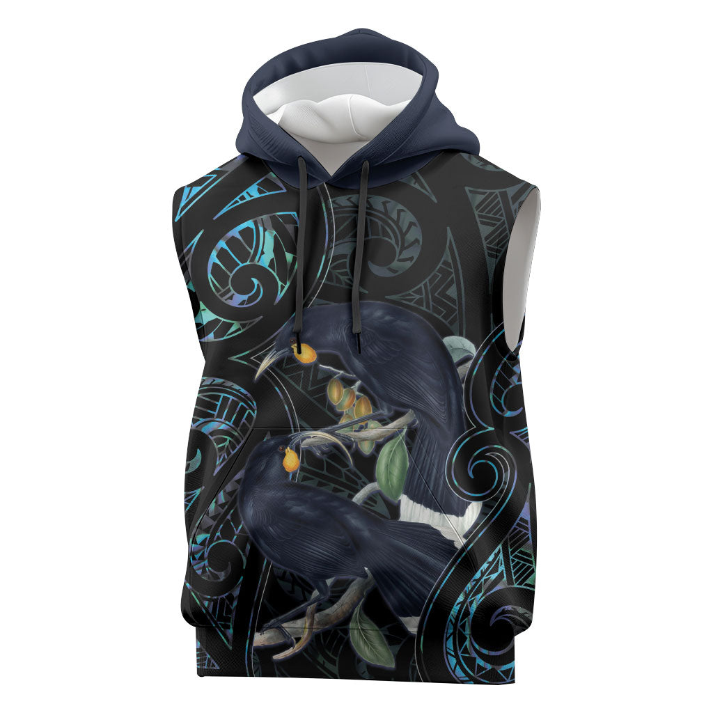 New Zealand Huia Bird Sleeveless Hoodie Paua Shell Maori Pattern LT22 Black - Polynesian Pride