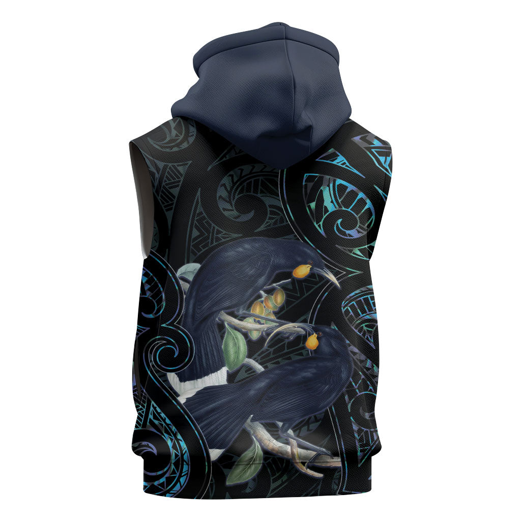 New Zealand Huia Bird Sleeveless Hoodie Paua Shell Maori Pattern