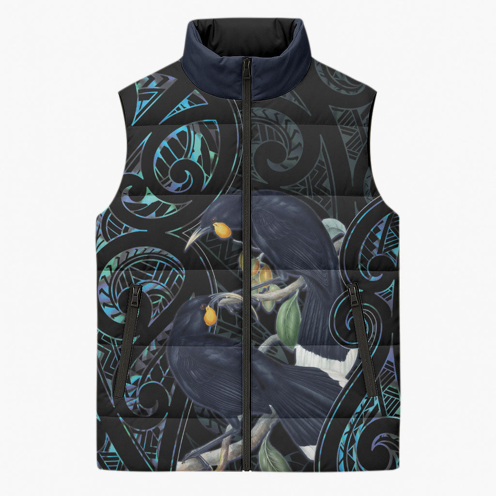 New Zealand Huia Bird Sleeveless Puffer Jacket Paua Shell Maori Pattern LT22 Unisex Black - Polynesian Pride