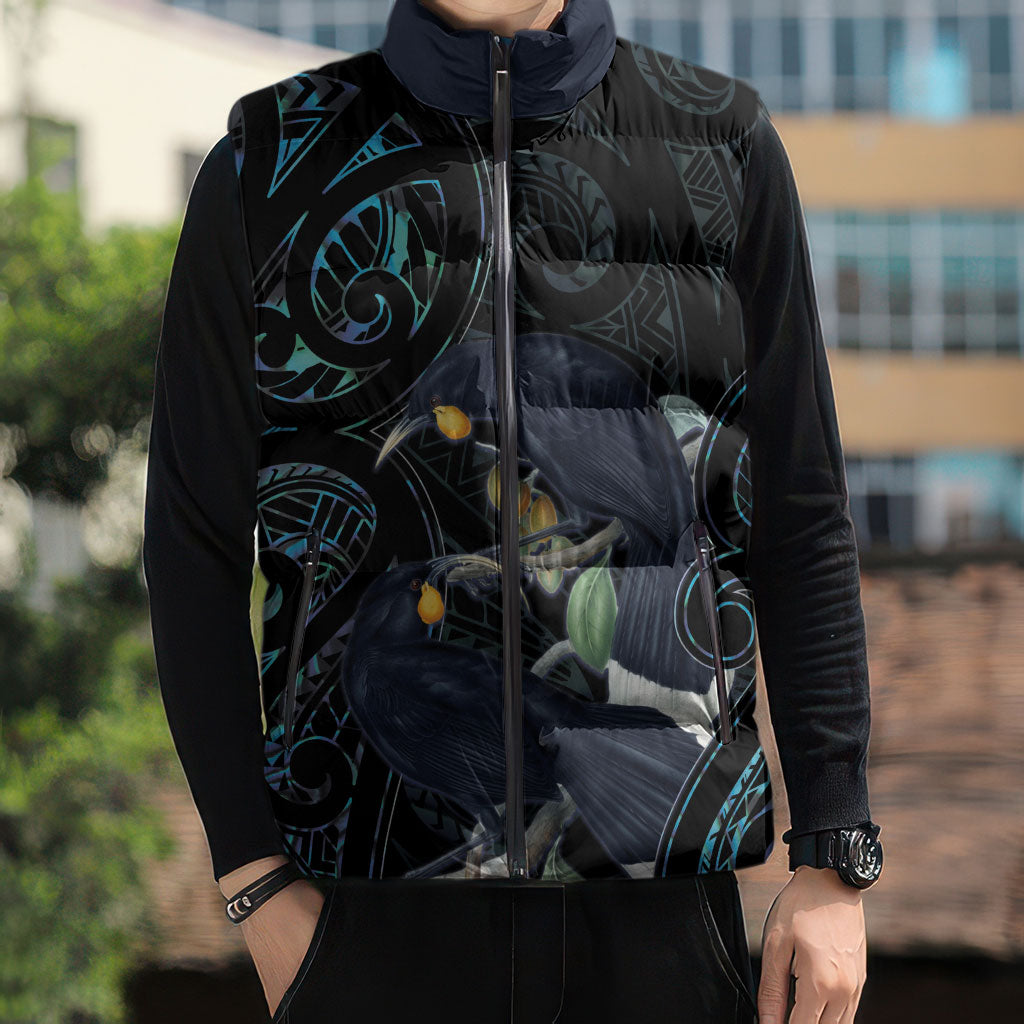 New Zealand Huia Bird Sleeveless Puffer Jacket Paua Shell Maori Pattern
