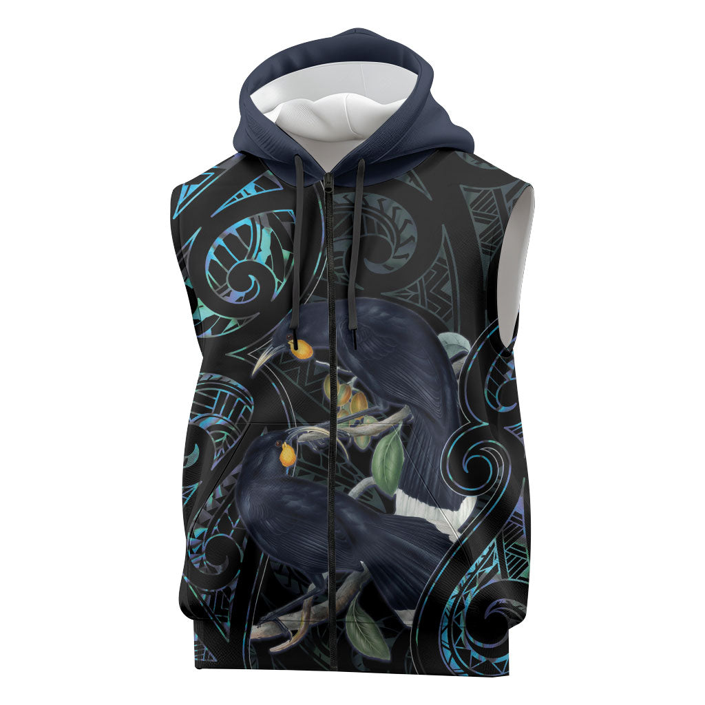New Zealand Huia Bird Sleeveless Zip Hoodie Paua Shell Maori Pattern LT22 Black - Polynesian Pride