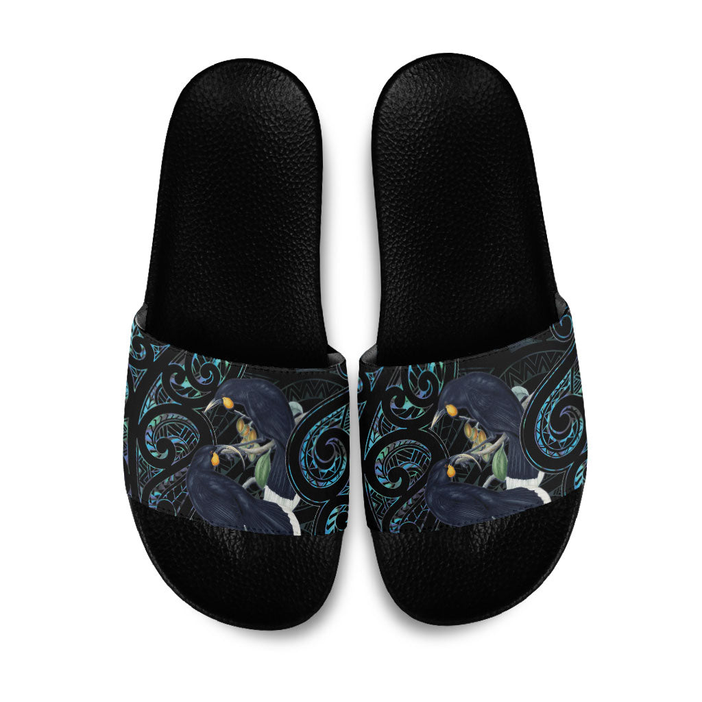 New Zealand Huia Bird Slide Sandals Paua Shell Maori Pattern LT22 Black - Polynesian Pride