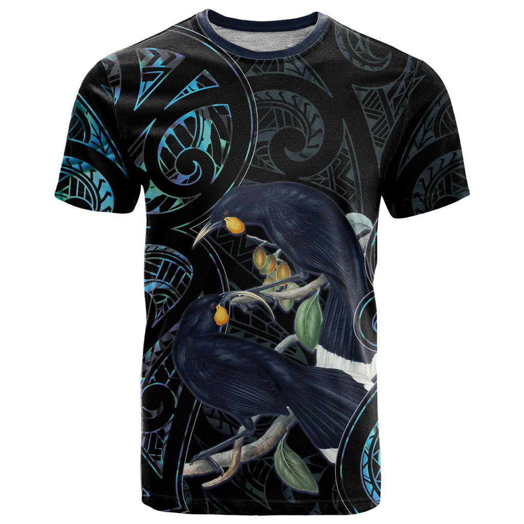 New Zealand Huia Bird T Shirt Paua Shell Maori Pattern LT22 Black - Polynesian Pride