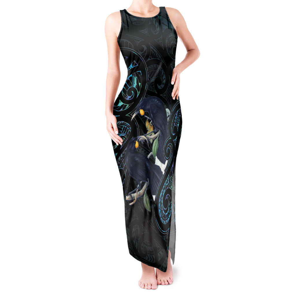 New Zealand Huia Bird Tank Maxi Dress Paua Shell Maori Pattern
