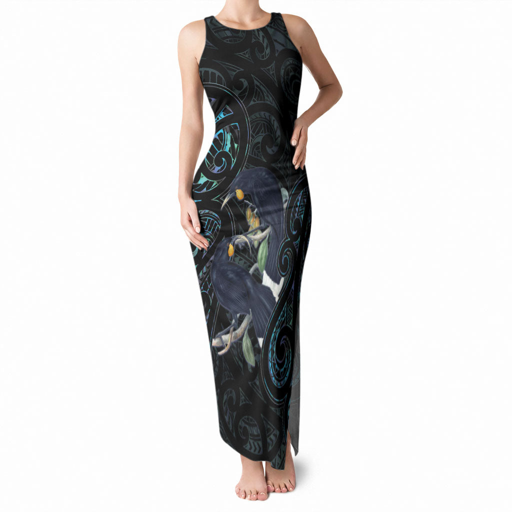 New Zealand Huia Bird Tank Maxi Dress Paua Shell Maori Pattern LT22 Women Black - Polynesian Pride