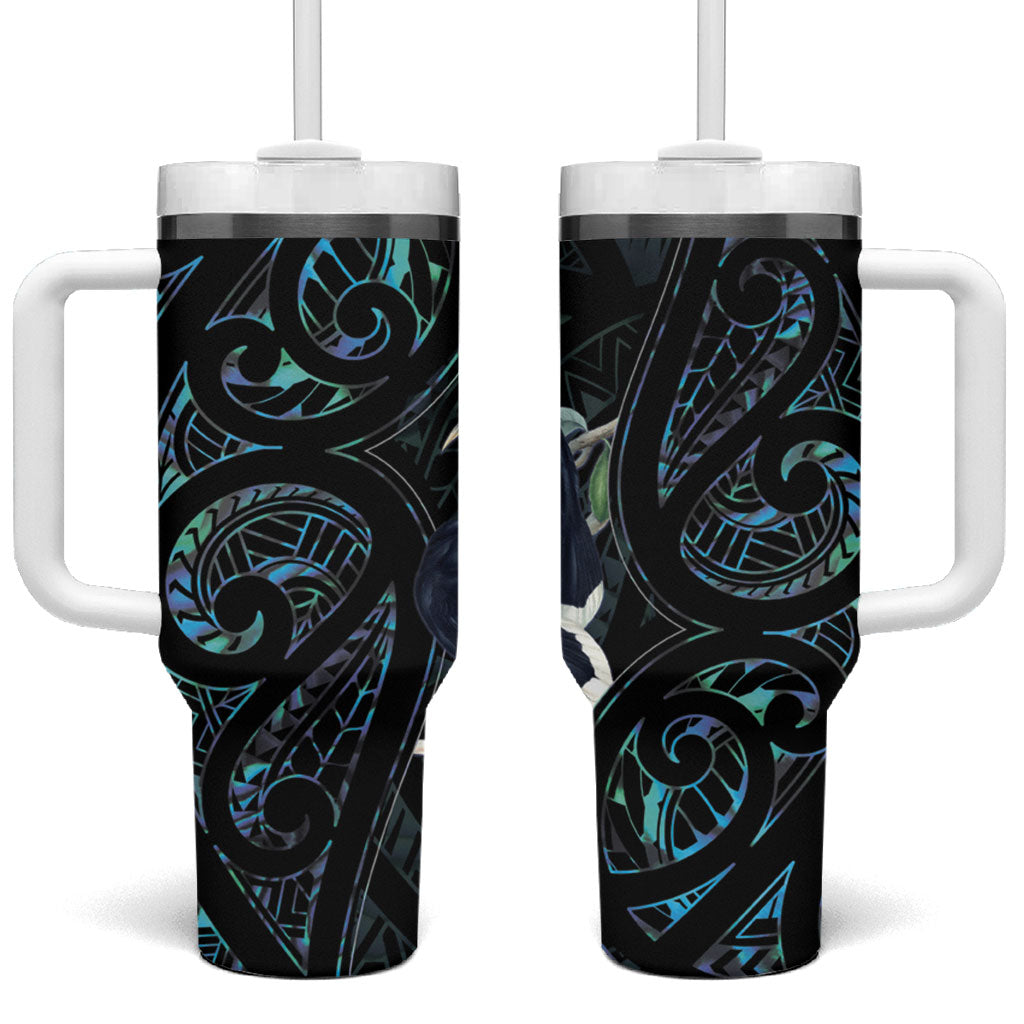 New Zealand Huia Bird Tumbler With Handle Paua Shell Maori Pattern LT22 One Size: 40 oz Black - Polynesian Pride