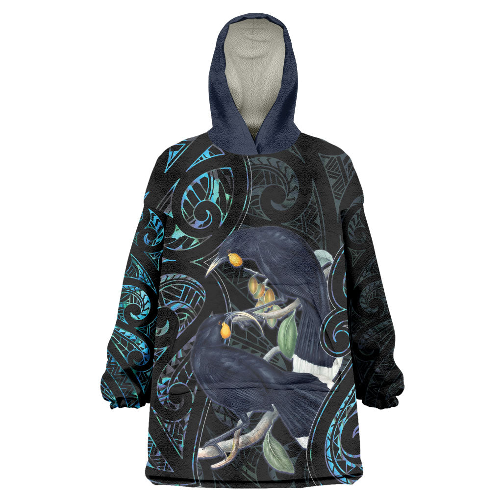 New Zealand Huia Bird Wearable Blanket Hoodie Paua Shell Maori Pattern LT22 One Size Black - Polynesian Pride