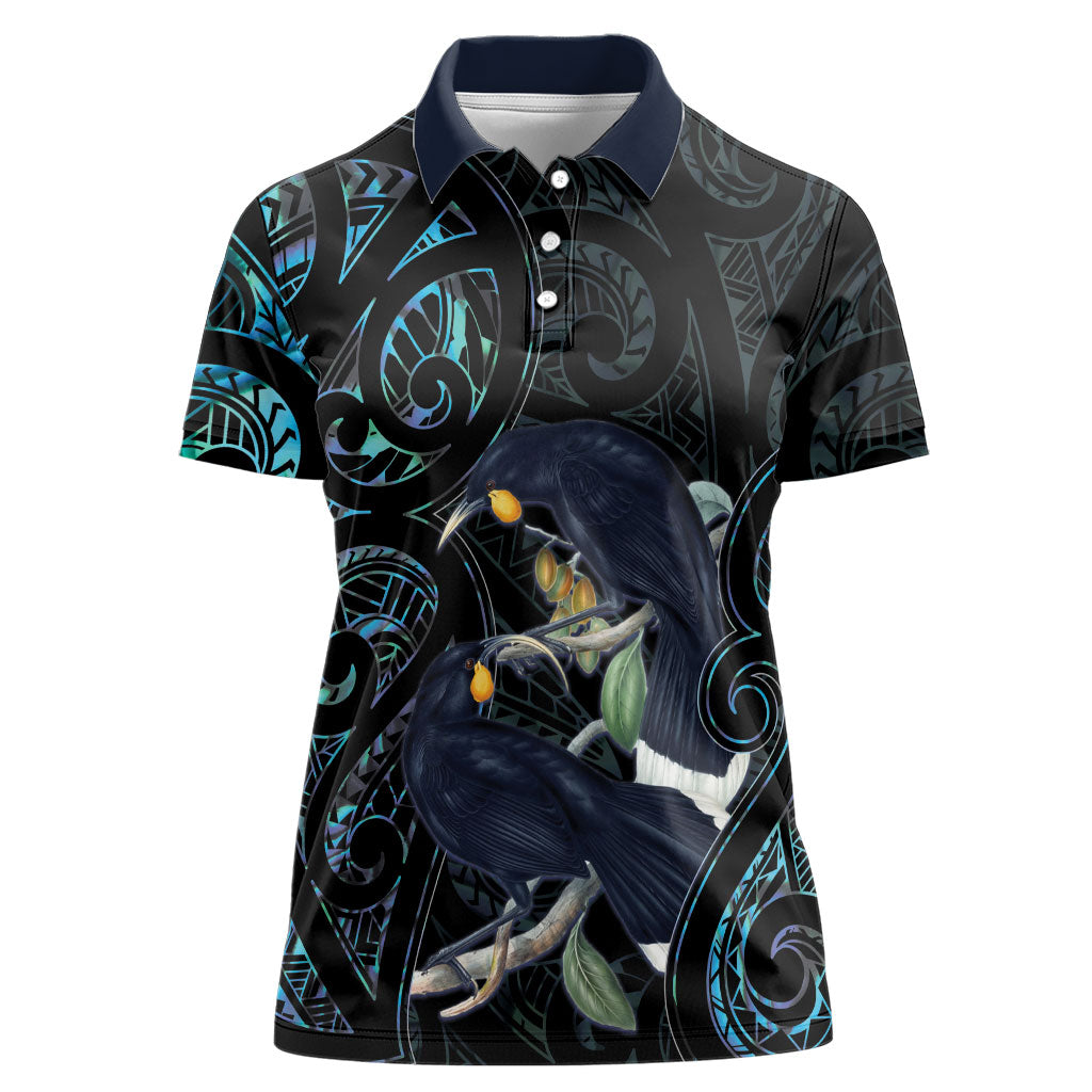 New Zealand Huia Bird Women Polo Shirt Paua Shell Maori Pattern LT22 Female Black - Polynesian Pride