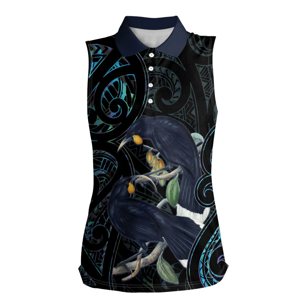 New Zealand Huia Bird Women Sleeveless Polo Shirt Paua Shell Maori Pattern LT22 Female Black - Polynesian Pride