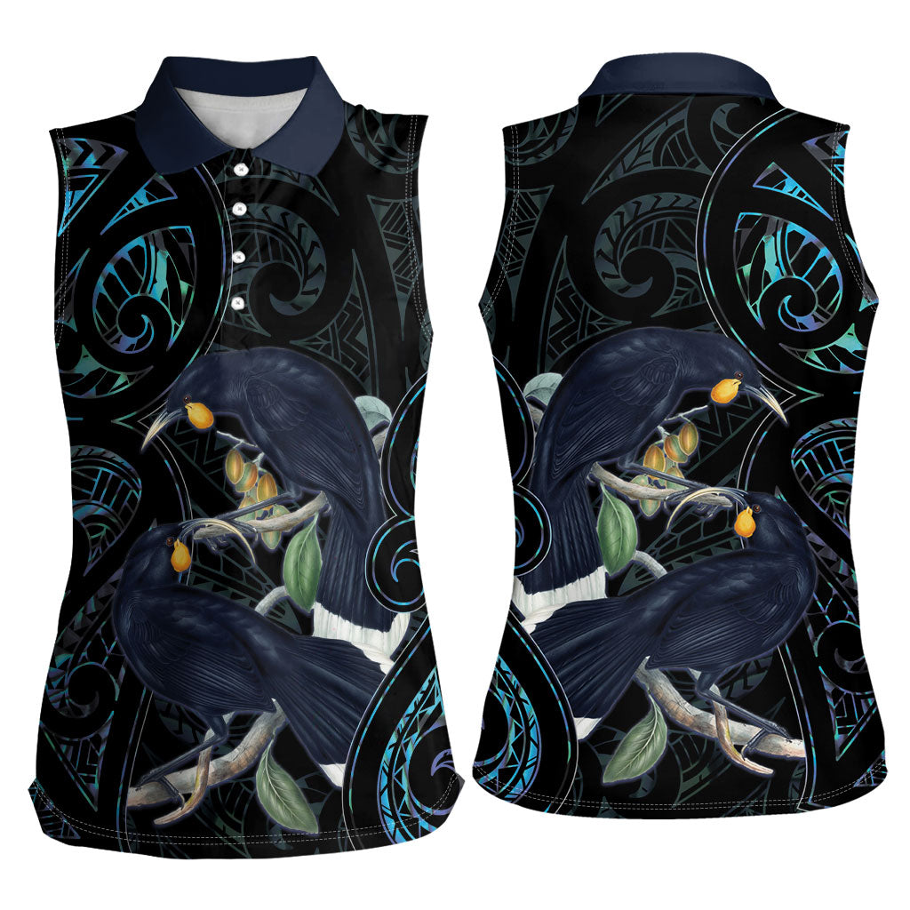 New Zealand Huia Bird Women Sleeveless Polo Shirt Paua Shell Maori Pattern LT22 - Polynesian Pride