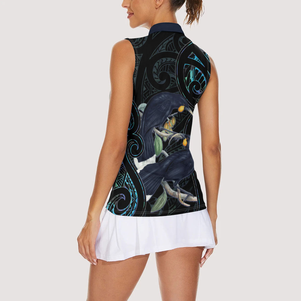 New Zealand Huia Bird Women Sleeveless Polo Shirt Paua Shell Maori Pattern LT22 - Polynesian Pride