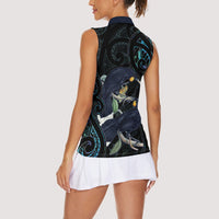 New Zealand Huia Bird Women Sleeveless Polo Shirt Paua Shell Maori Pattern LT22 - Polynesian Pride