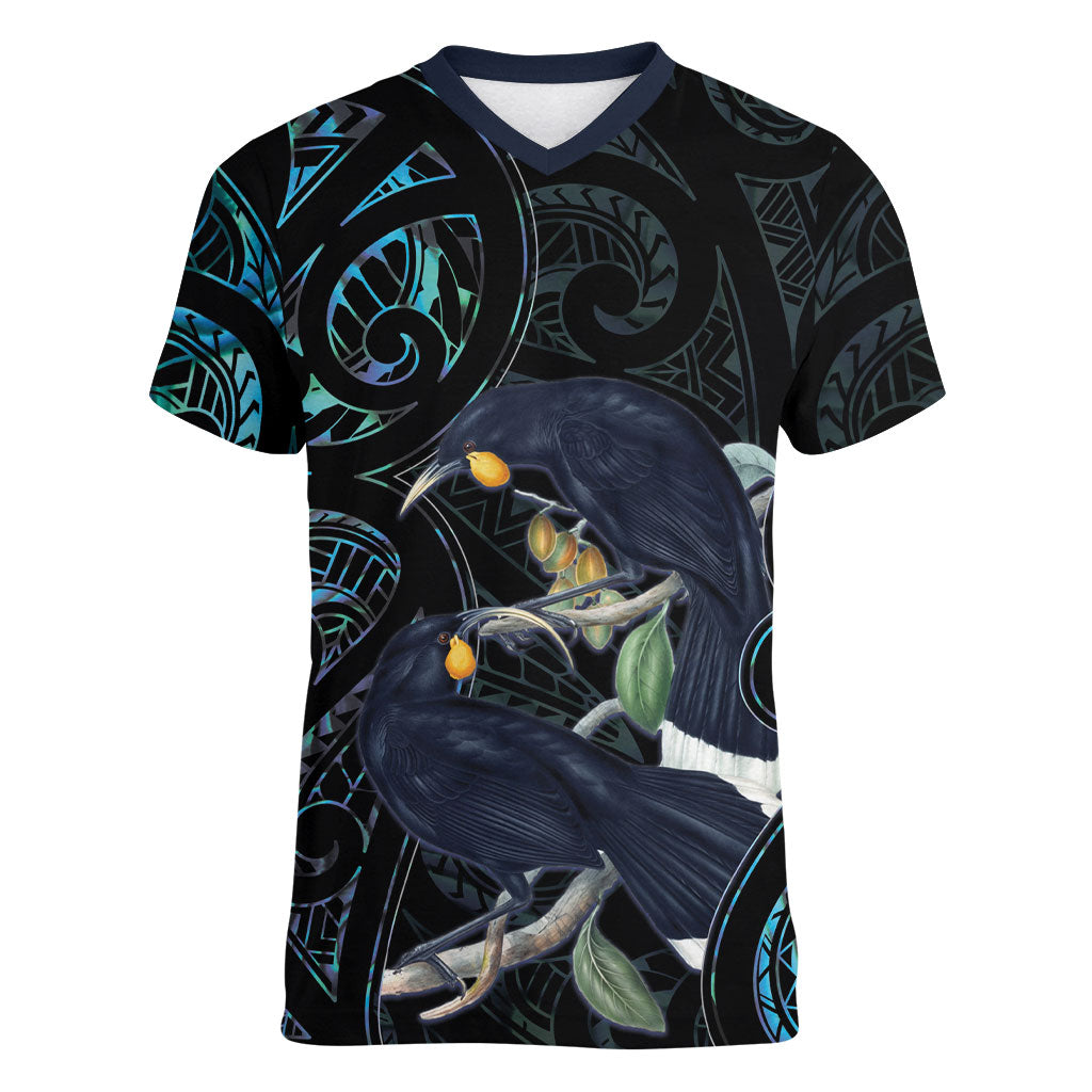 New Zealand Huia Bird Women V-Neck T-Shirt Paua Shell Maori Pattern LT22 Female Black - Polynesian Pride