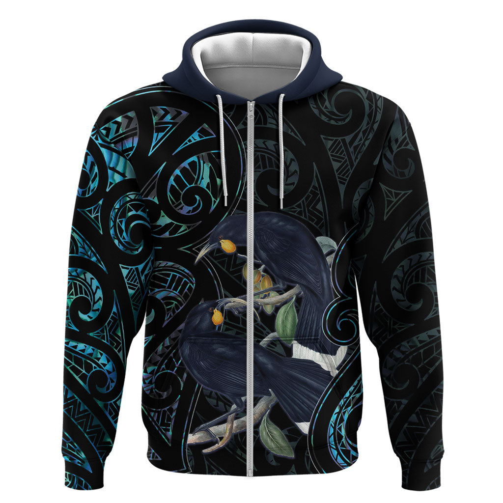 New Zealand Huia Bird Zip Hoodie Paua Shell Maori Pattern LT22 Zip Hoodie Black - Polynesian Pride