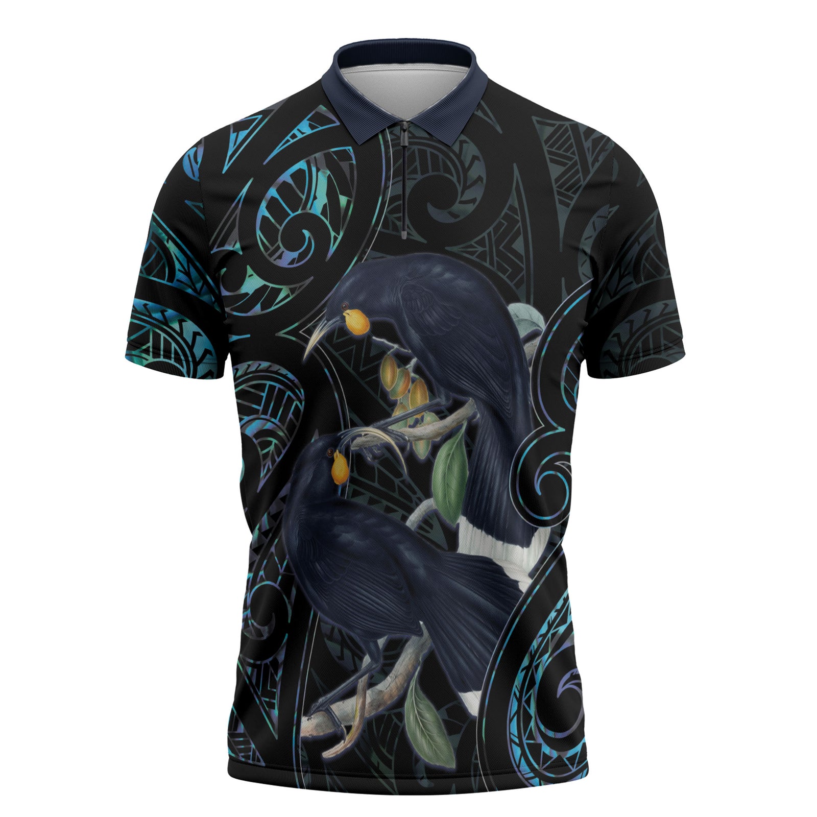 New Zealand Huia Bird Zipper Polo Shirt Paua Shell Maori Pattern LT22 Black - Polynesian Pride