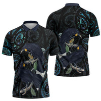New Zealand Huia Bird Zipper Polo Shirt Paua Shell Maori Pattern