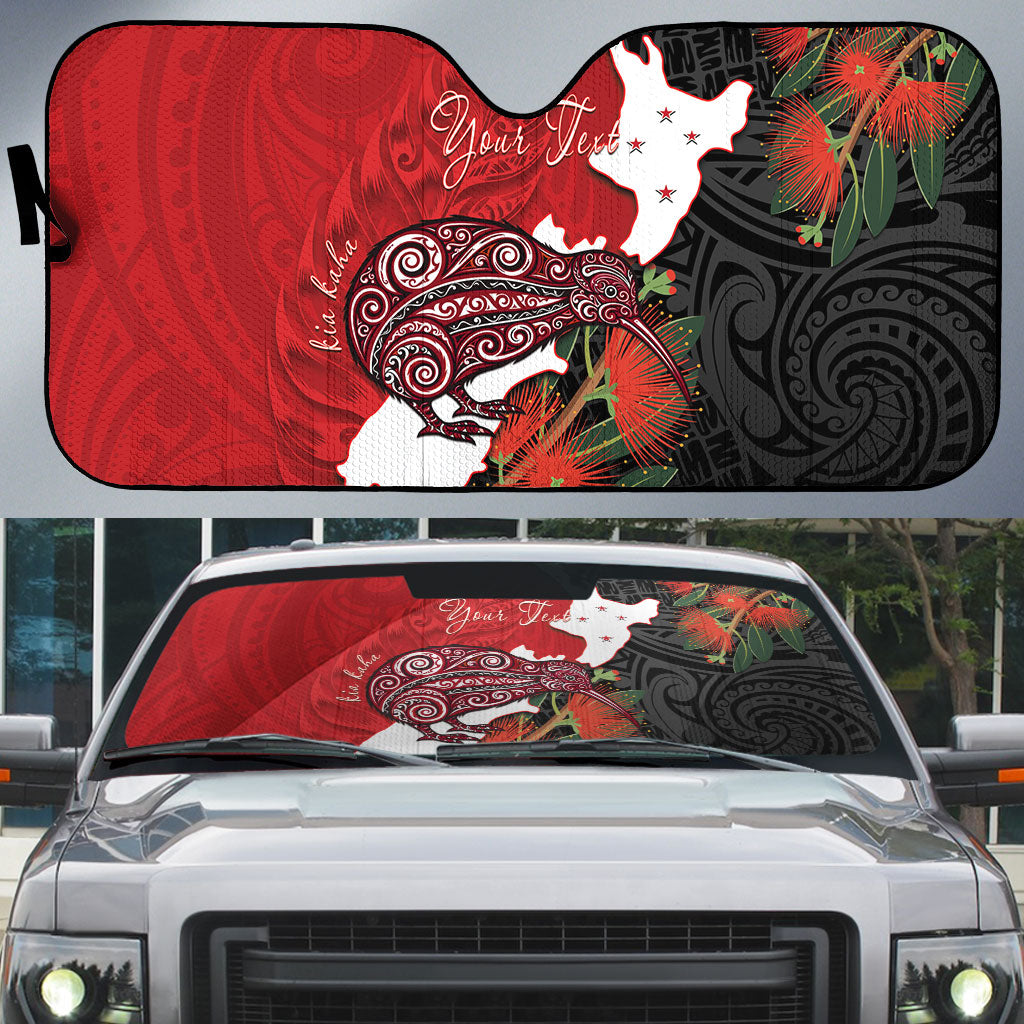 Kiwi New Zealand Personalised Auto Sun Shade NZ Map Pohutukawa Fern Maori Pattern LT22 Red - Polynesian Pride
