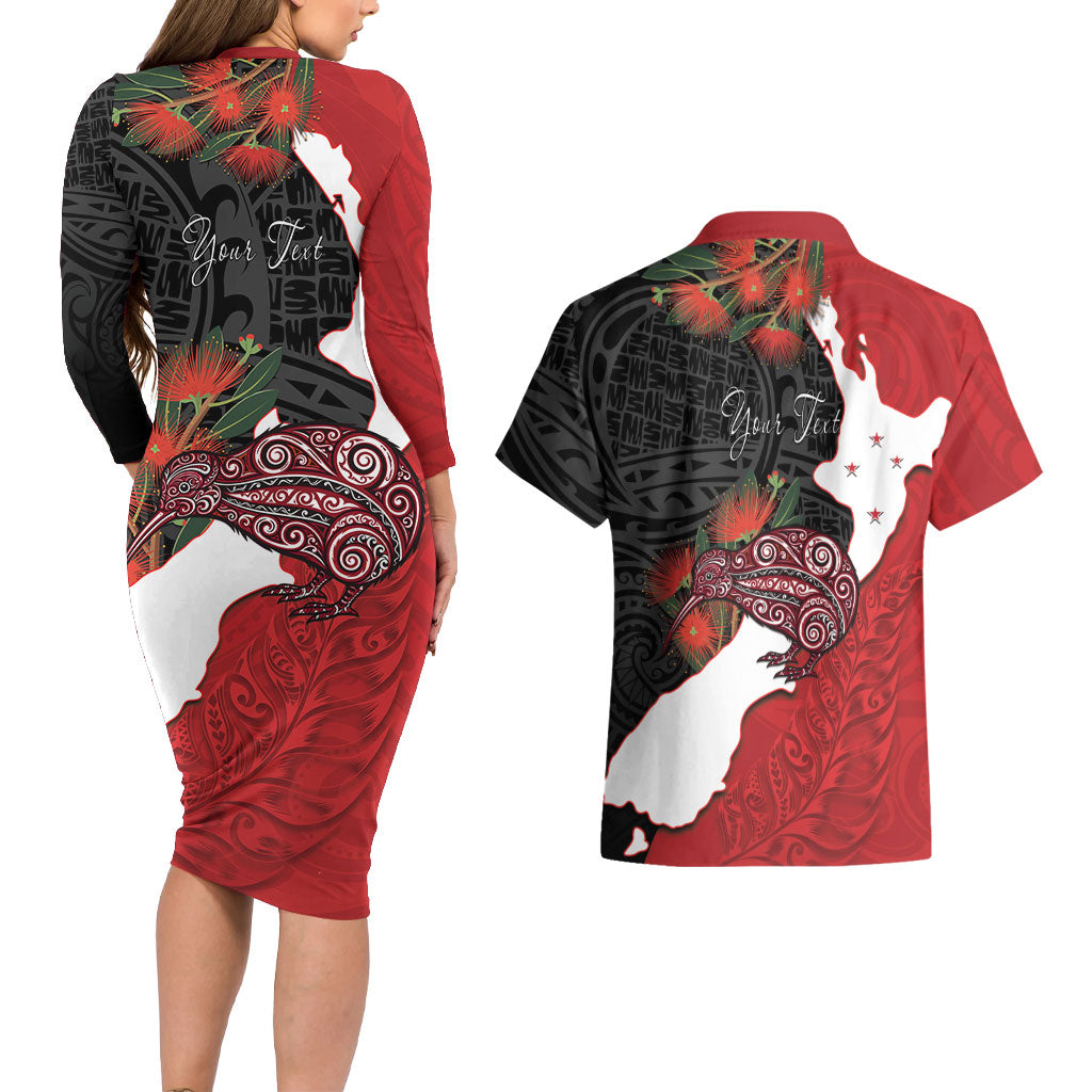 Kiwi New Zealand Personalised Couples Matching Long Sleeve Bodycon Dress and Hawaiian Shirt NZ Map Pohutukawa Fern Maori Pattern LT22 - Polynesian Pride