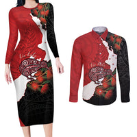 Kiwi New Zealand Personalised Couples Matching Long Sleeve Bodycon Dress and Long Sleeve Button Shirt NZ Map Pohutukawa Fern Maori Pattern LT22 Red - Polynesian Pride