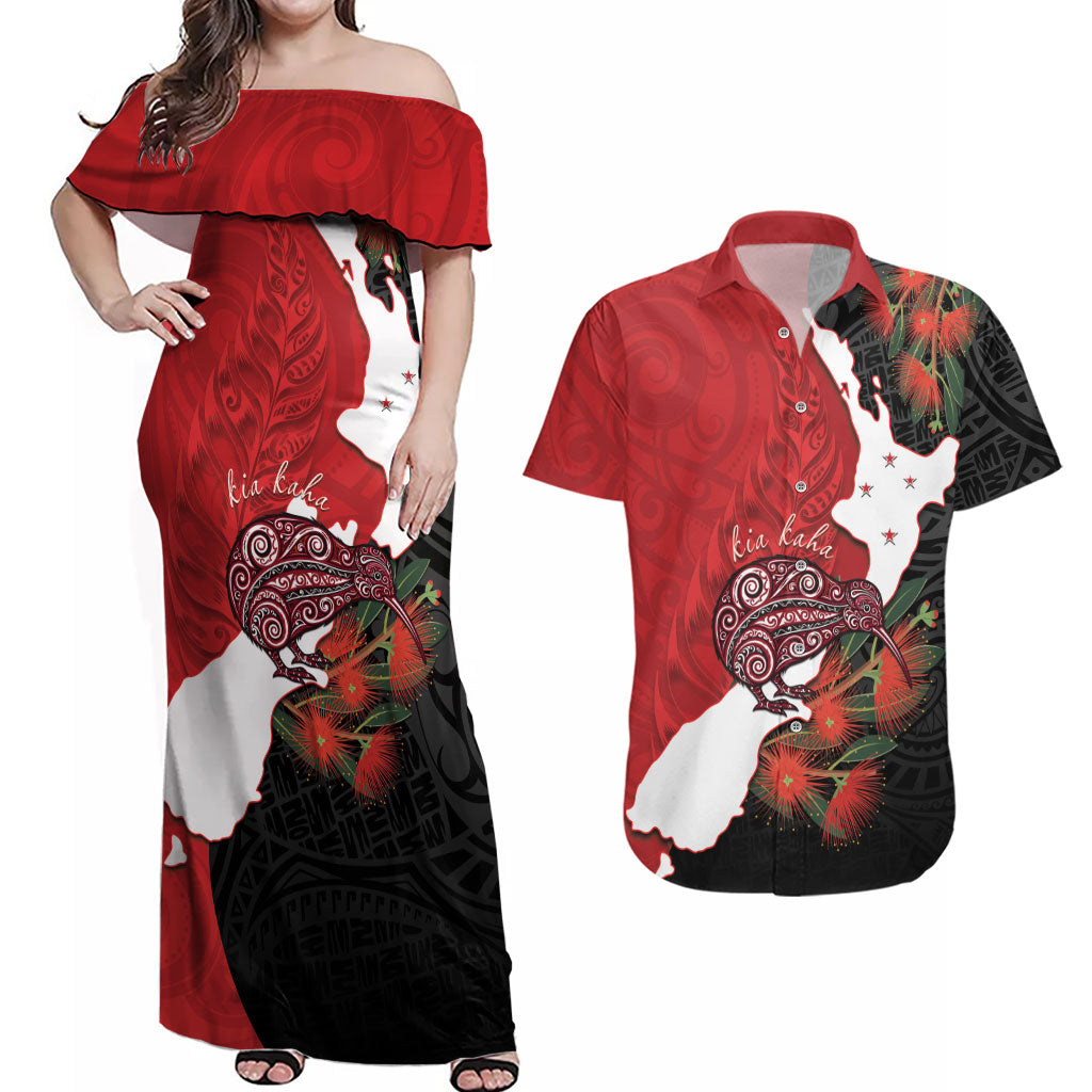 Kiwi New Zealand Personalised Couples Matching Off Shoulder Maxi Dress and Hawaiian Shirt NZ Map Pohutukawa Fern Maori Pattern LT22 Red - Polynesian Pride