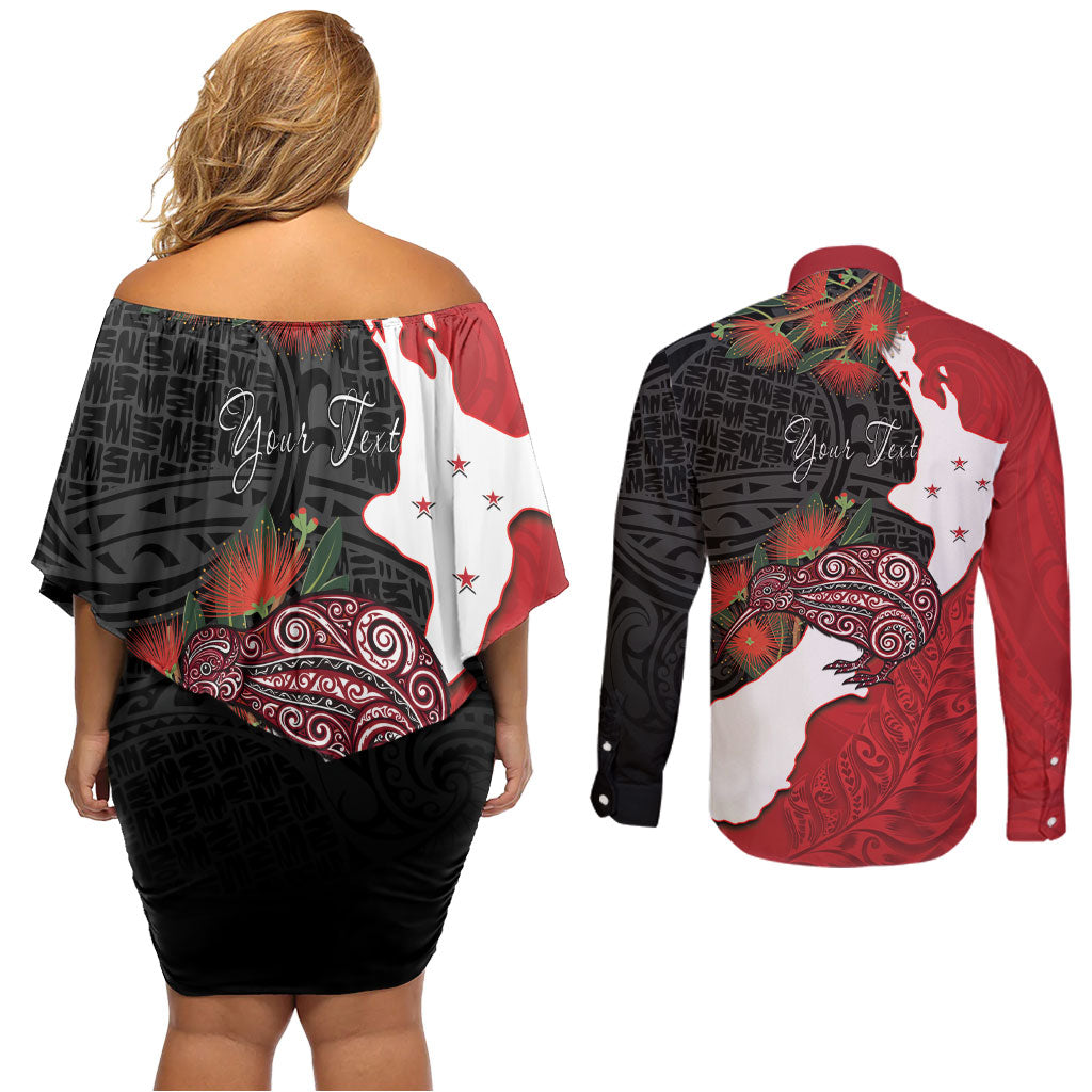 Kiwi New Zealand Personalised Couples Matching Off Shoulder Short Dress and Long Sleeve Button Shirt NZ Map Pohutukawa Fern Maori Pattern LT22 - Polynesian Pride