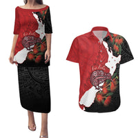 Kiwi New Zealand Personalised Couples Matching Puletasi and Hawaiian Shirt NZ Map Pohutukawa Fern Maori Pattern LT22 Red - Polynesian Pride
