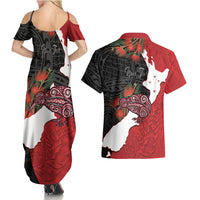 Kiwi New Zealand Personalised Couples Matching Summer Maxi Dress and Hawaiian Shirt NZ Map Pohutukawa Fern Maori Pattern LT22 - Polynesian Pride