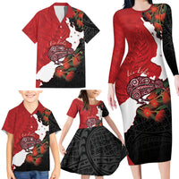 Kiwi New Zealand Personalised Family Matching Long Sleeve Bodycon Dress and Hawaiian Shirt NZ Map Pohutukawa Fern Maori Pattern LT22 - Polynesian Pride