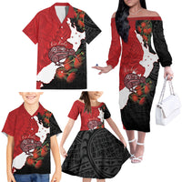 Kiwi New Zealand Personalised Family Matching Off The Shoulder Long Sleeve Dress and Hawaiian Shirt NZ Map Pohutukawa Fern Maori Pattern LT22 - Polynesian Pride