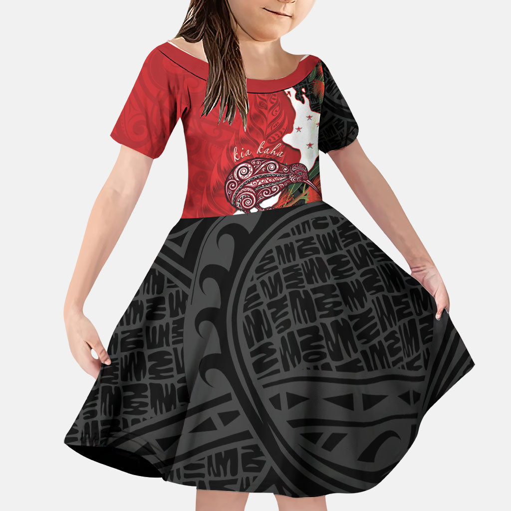 Kiwi New Zealand Personalised Family Matching Off Shoulder Maxi Dress and Hawaiian Shirt NZ Map Pohutukawa Fern Maori Pattern LT22 Daughter's Dress Red - Polynesian Pride
