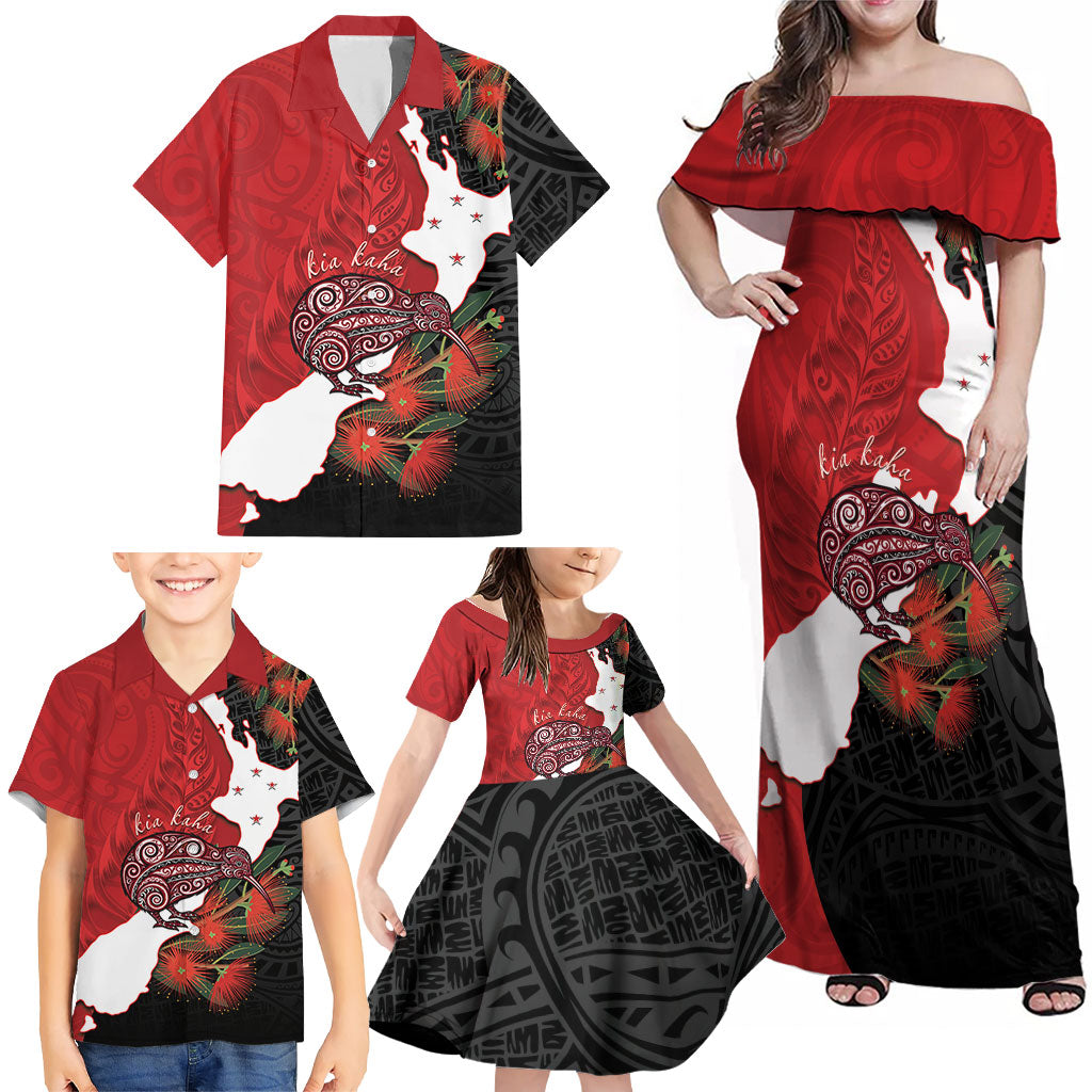 Kiwi New Zealand Personalised Family Matching Off Shoulder Maxi Dress and Hawaiian Shirt NZ Map Pohutukawa Fern Maori Pattern LT22 - Polynesian Pride