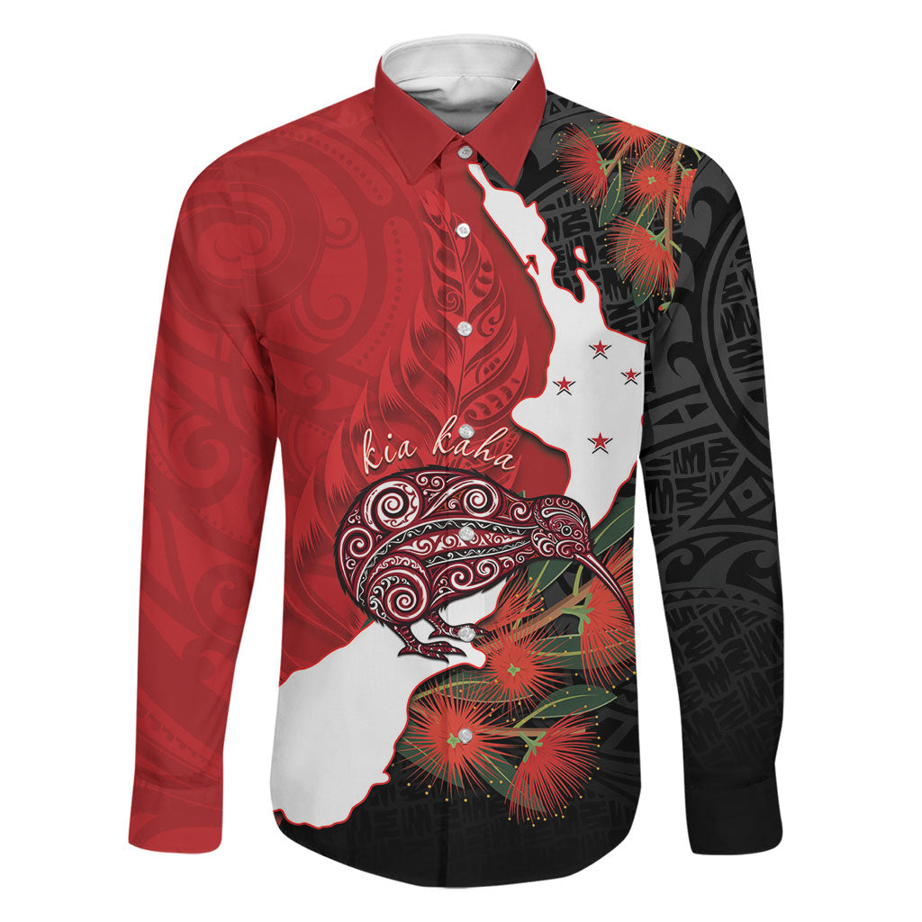 Kiwi New Zealand Personalised Family Matching Off Shoulder Maxi Dress and Hawaiian Shirt NZ Map Pohutukawa Fern Maori Pattern LT22 Dad's Shirt - Long Sleeve Red - Polynesian Pride