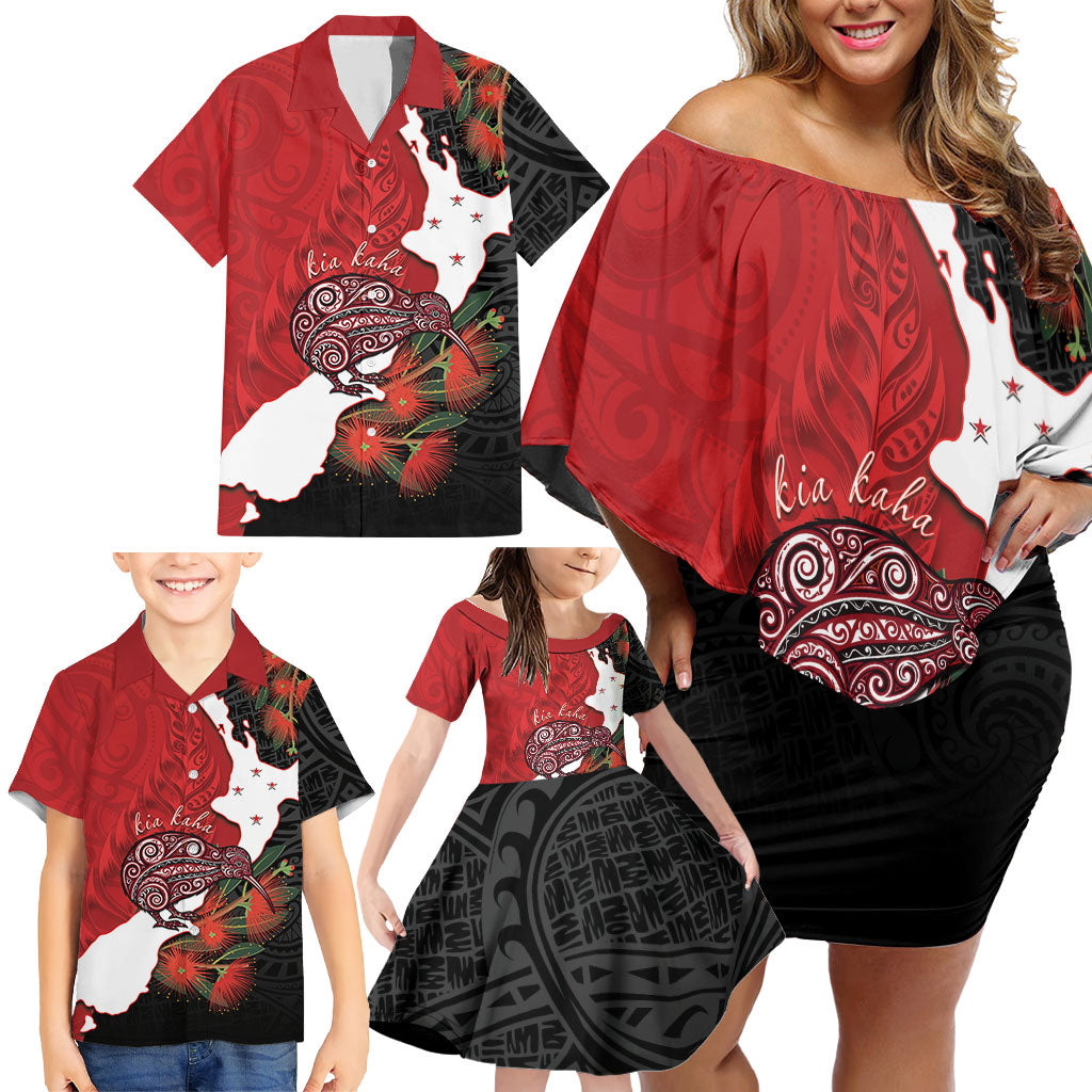 Kiwi New Zealand Personalised Family Matching Off Shoulder Short Dress and Hawaiian Shirt NZ Map Pohutukawa Fern Maori Pattern LT22 - Polynesian Pride