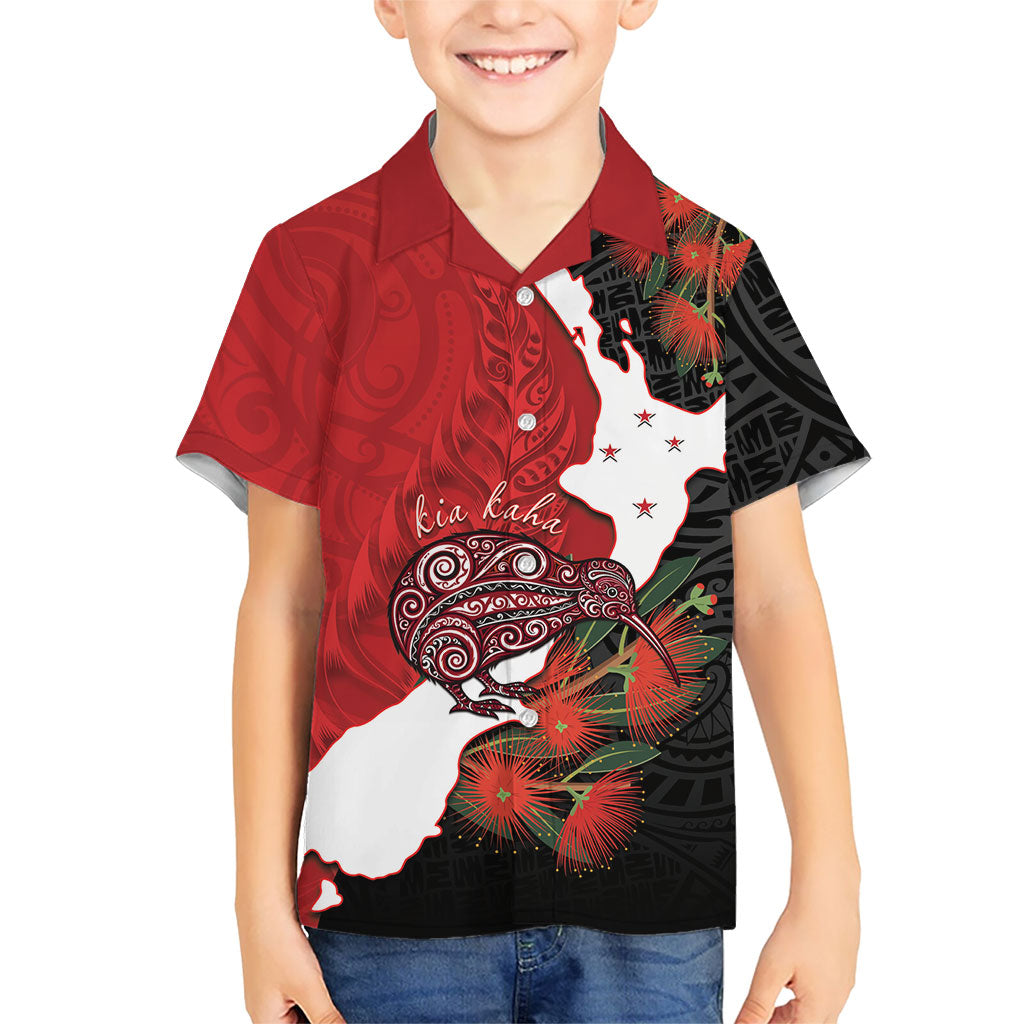 Kiwi New Zealand Personalised Family Matching Off Shoulder Short Dress and Hawaiian Shirt NZ Map Pohutukawa Fern Maori Pattern LT22 Son's Shirt Red - Polynesian Pride