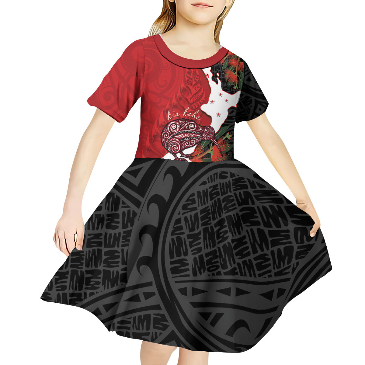 Kiwi New Zealand Personalised Kid Short Sleeve Dress NZ Map Pohutukawa Fern Maori Pattern LT22 - Polynesian Pride