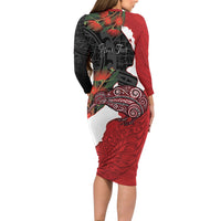 Kiwi New Zealand Personalised Long Sleeve Bodycon Dress NZ Map Pohutukawa Fern Maori Pattern LT22 - Polynesian Pride