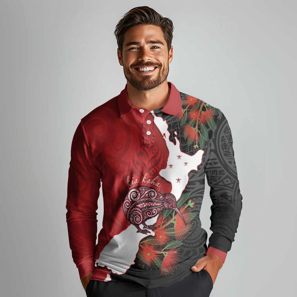 Kiwi New Zealand Personalised Long Sleeve Polo Shirt NZ Map Pohutukawa Fern Maori Pattern LT22 - Polynesian Pride