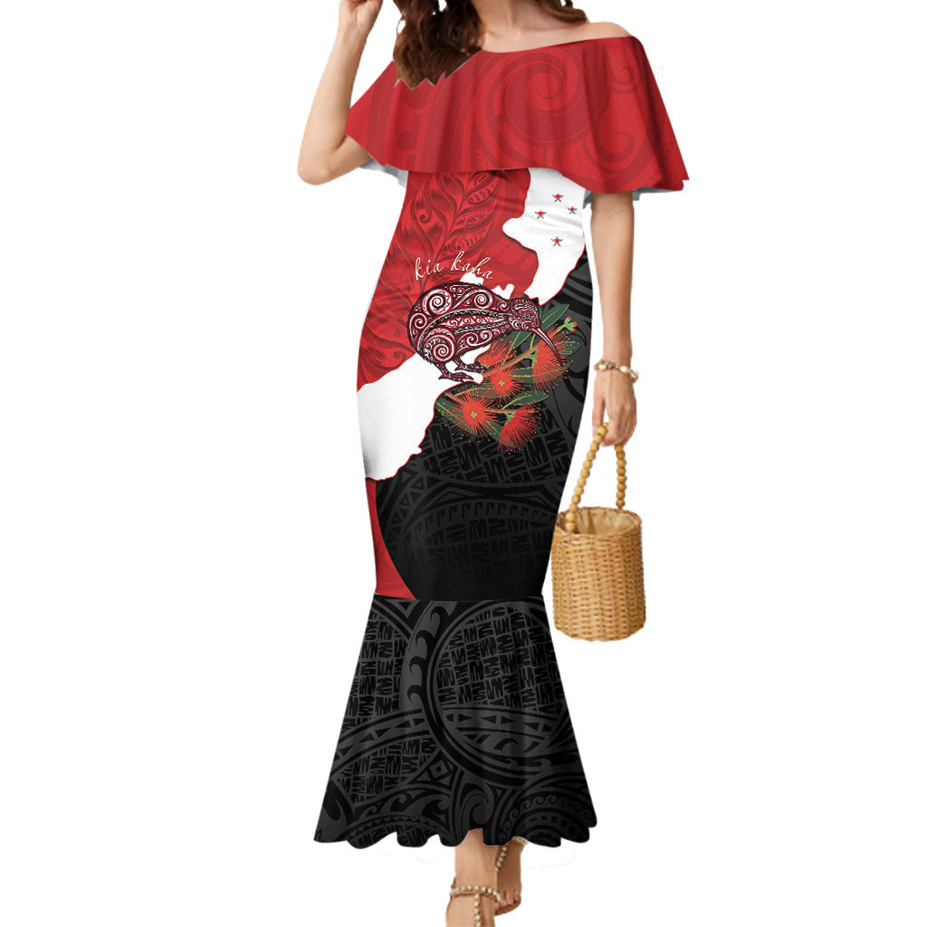 Kiwi New Zealand Personalised Mermaid Dress NZ Map Pohutukawa Fern Maori Pattern LT22 Women Red - Polynesian Pride